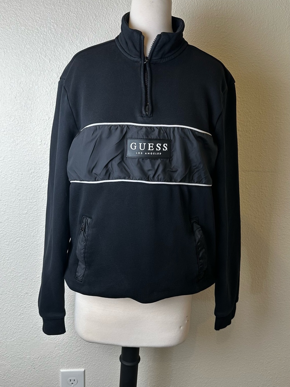 Guess Black Half-Zip Pullover with White Piping and Logo Chest Panel